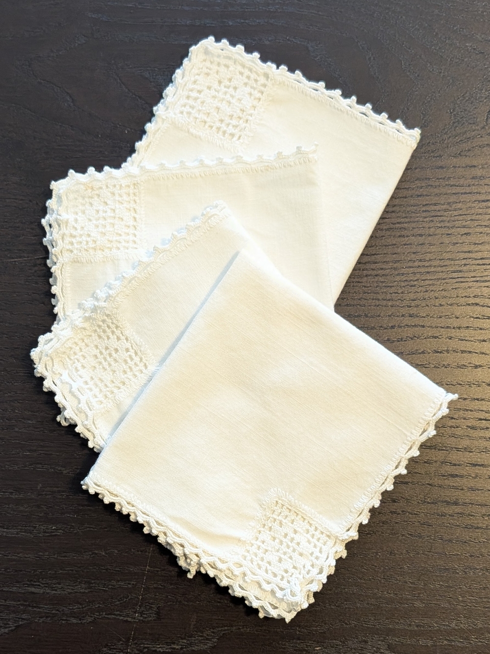 Vintage Set Of 4 White Crochet-Trim Linen Napkins or Handkerchiefs
